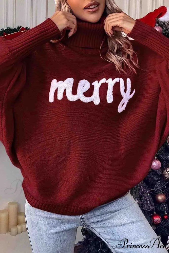 Merry Dolman Sleeve Turtleneck Knitted Sweater Wine Red / M