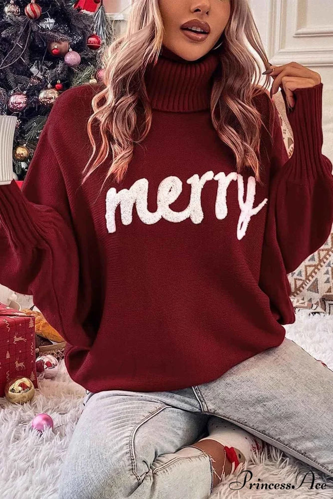 Merry Dolman Sleeve Turtleneck Knitted Sweater Wine Red / S