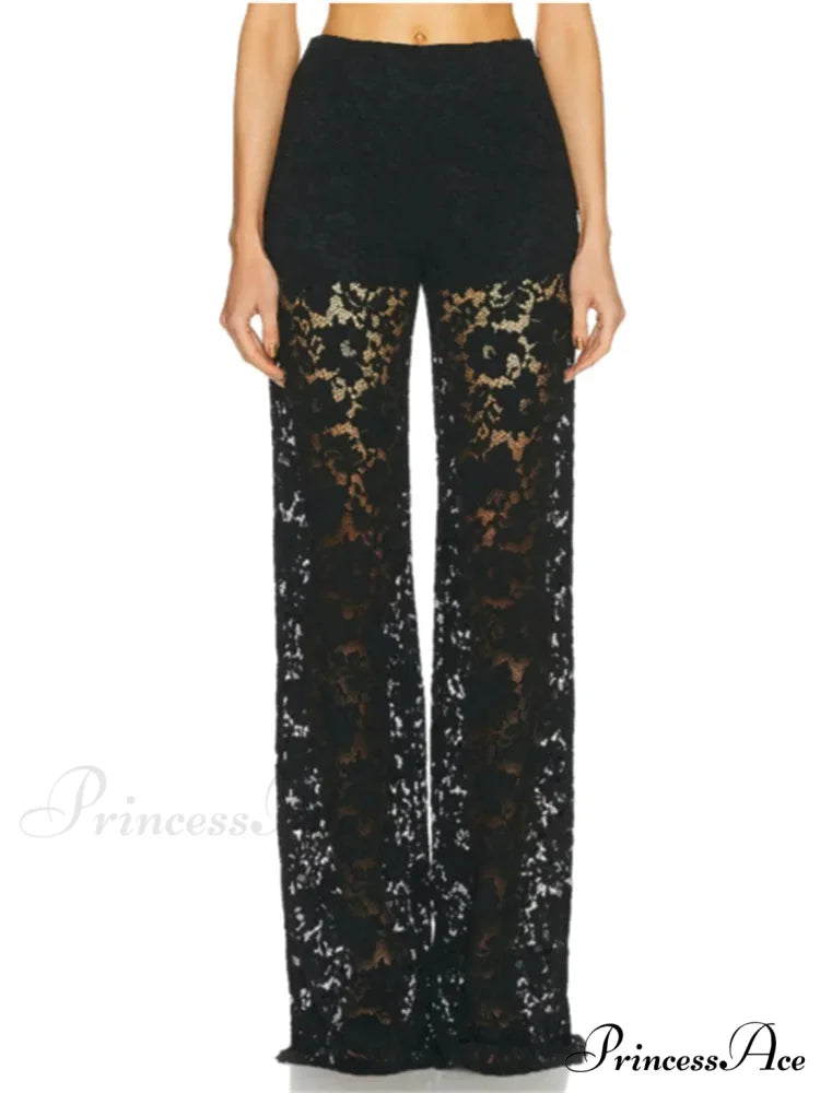 Mesh Floral Baggy Wide Leg Transparent Pant BLACK / S pant-250223