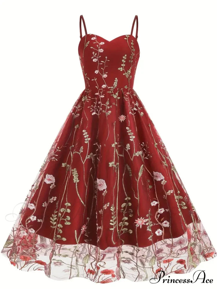 Mesh Floral Embroidery A Line Party Dress for Summer M / Beige