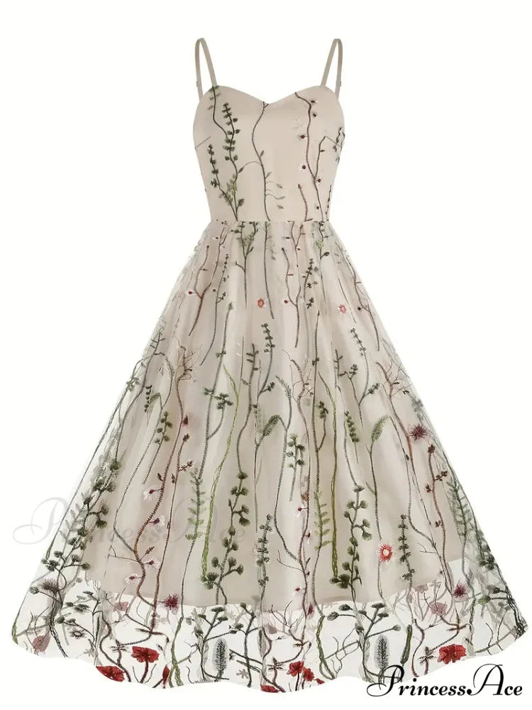 Mesh Floral Embroidery A Line Party Dress for Summer M / Blue
