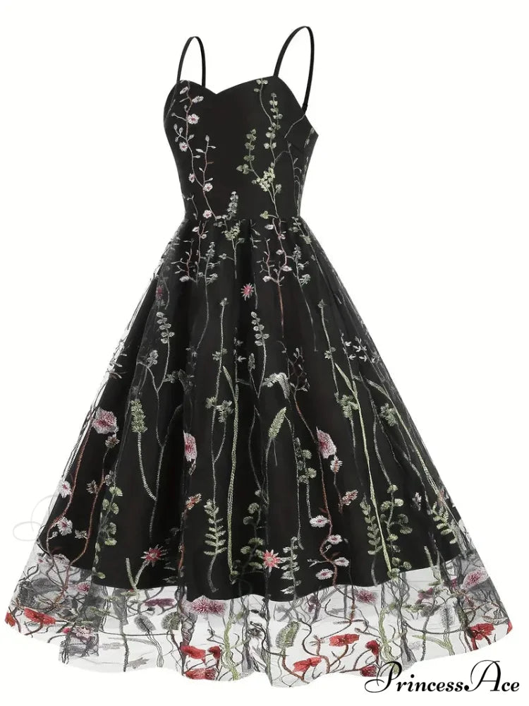 Mesh Floral Embroidery A Line Party Dress for Summer M / Red
