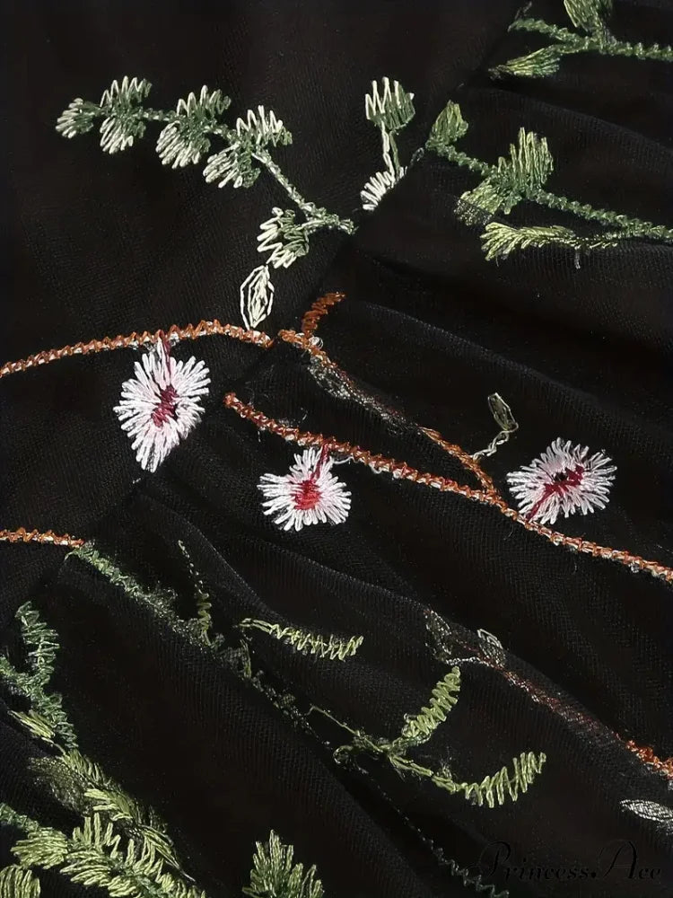 Mesh Floral Embroidery A Line Party Dress for Summer S / Black