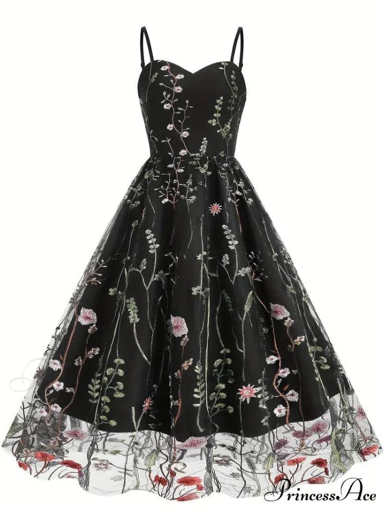 Mesh Floral Embroidery A Line Party Dress for Summer S / Blue
