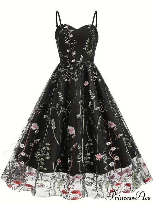 Mesh Floral Embroidery A Line Party Dress for Summer S / Blue