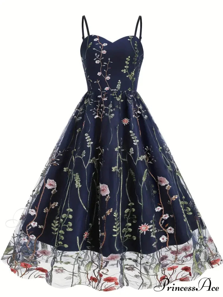 Mesh Floral Embroidery A Line Party Dress for Summer S / Red