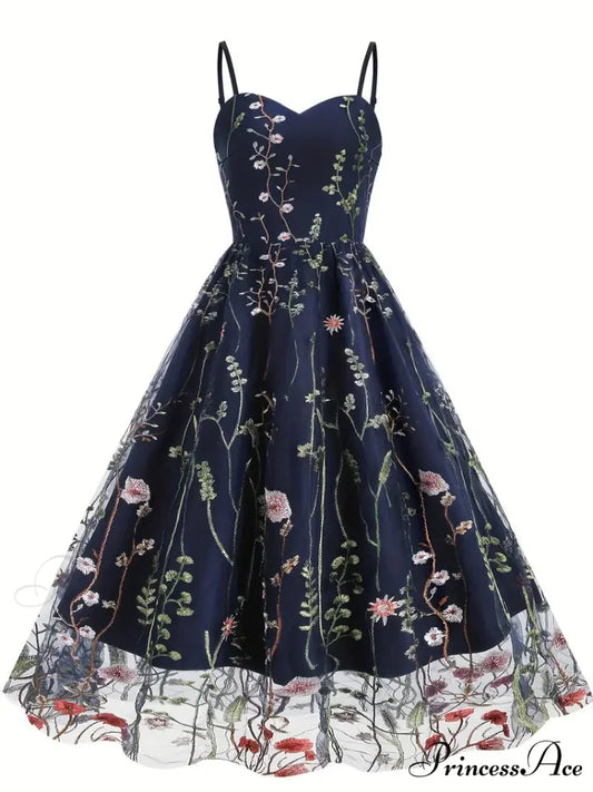 Mesh Floral Embroidery A Line Party Dress for Summer S / Red