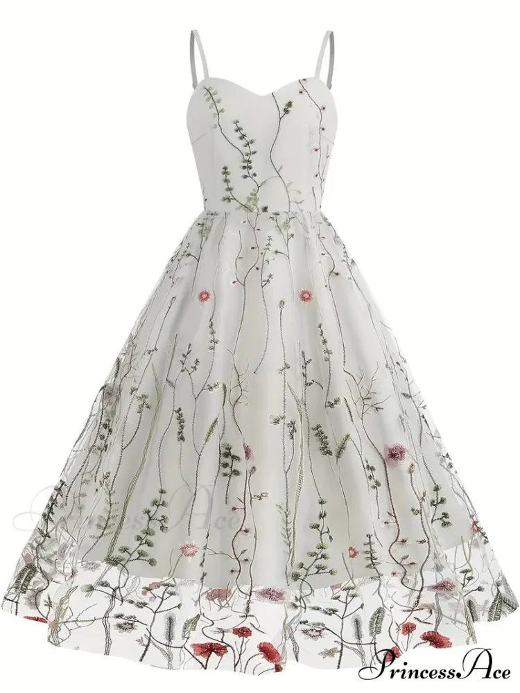 Mesh Floral Embroidery A Line Party Dress for Summer S / White