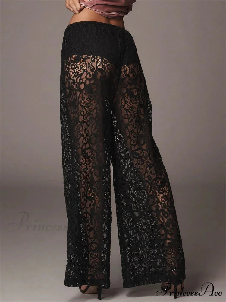 Mesh Floral Lace Transparent Black Wide Leg Pant pant-250223