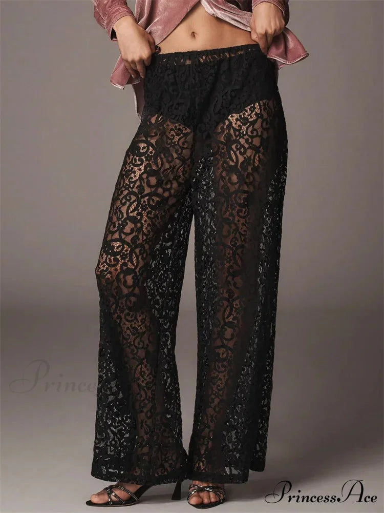 Mesh Floral Lace Transparent Black Wide Leg Pant pant-250223