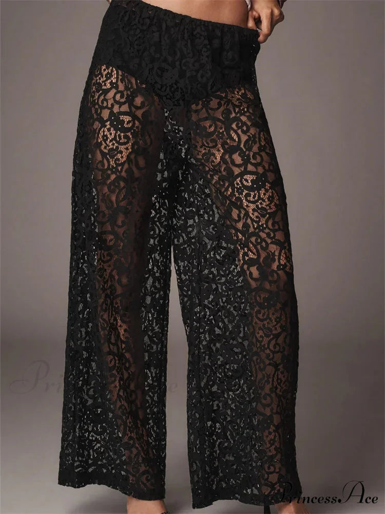 Mesh Floral Lace Transparent Black Wide Leg Pant BLACK / S pant-250223