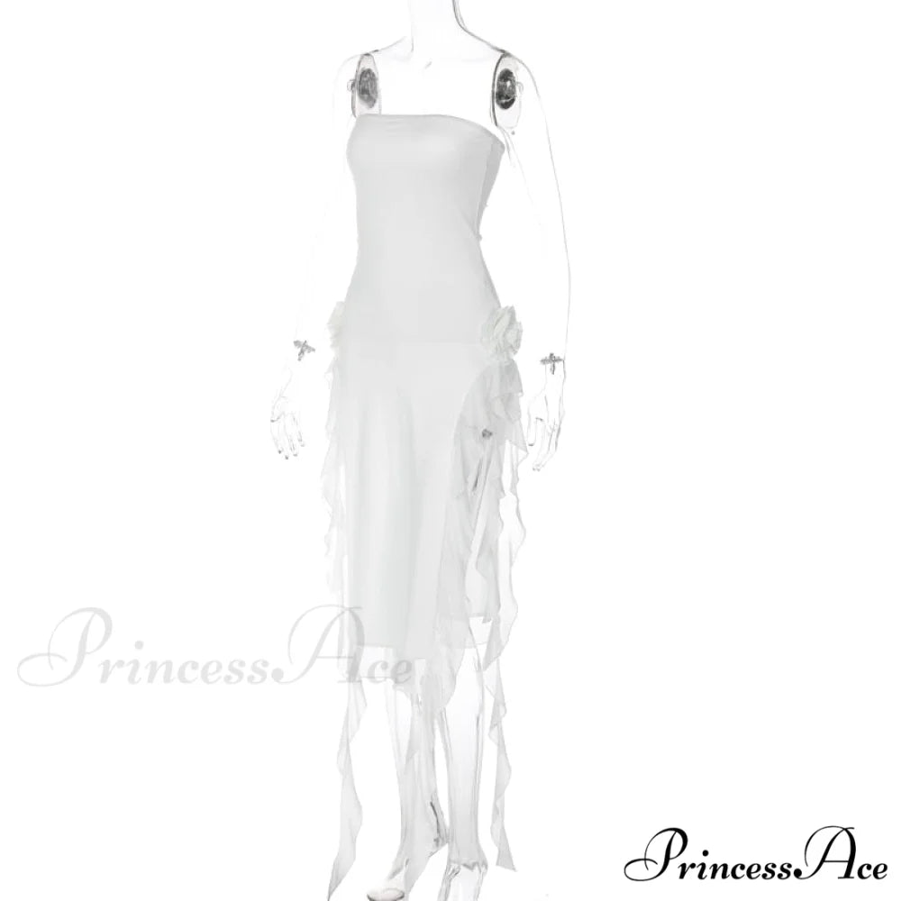 Mesh Fringe Flower Charming Tube Midi Dress