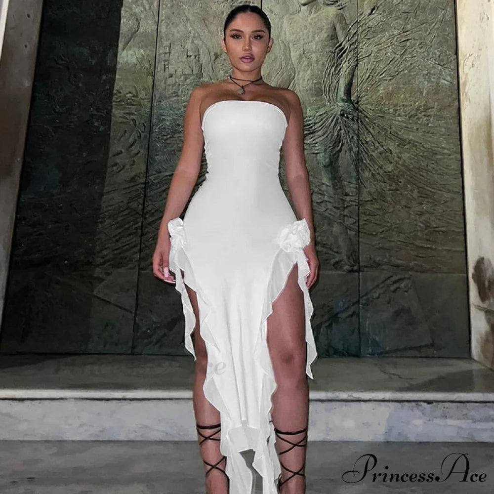 Mesh Fringe Flower Charming Tube Midi Dress