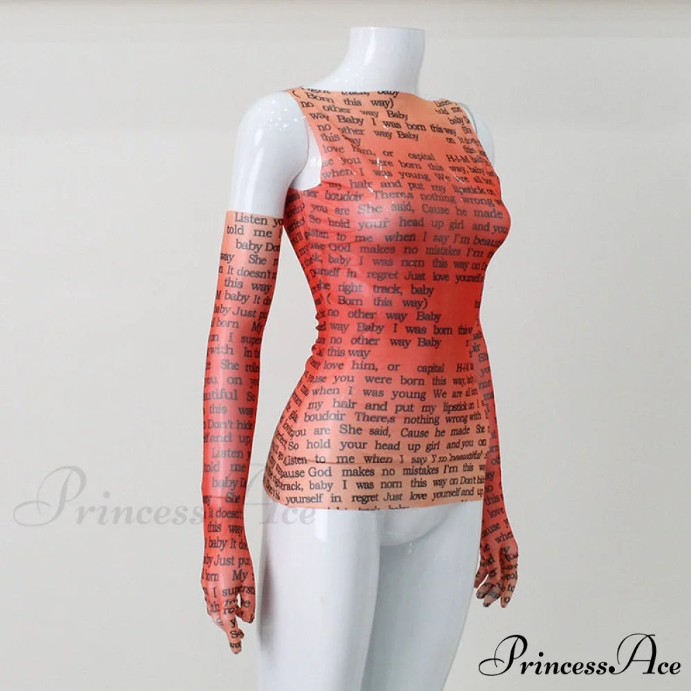 Mesh Letter Print Charming Sleeveless Top With Gloves