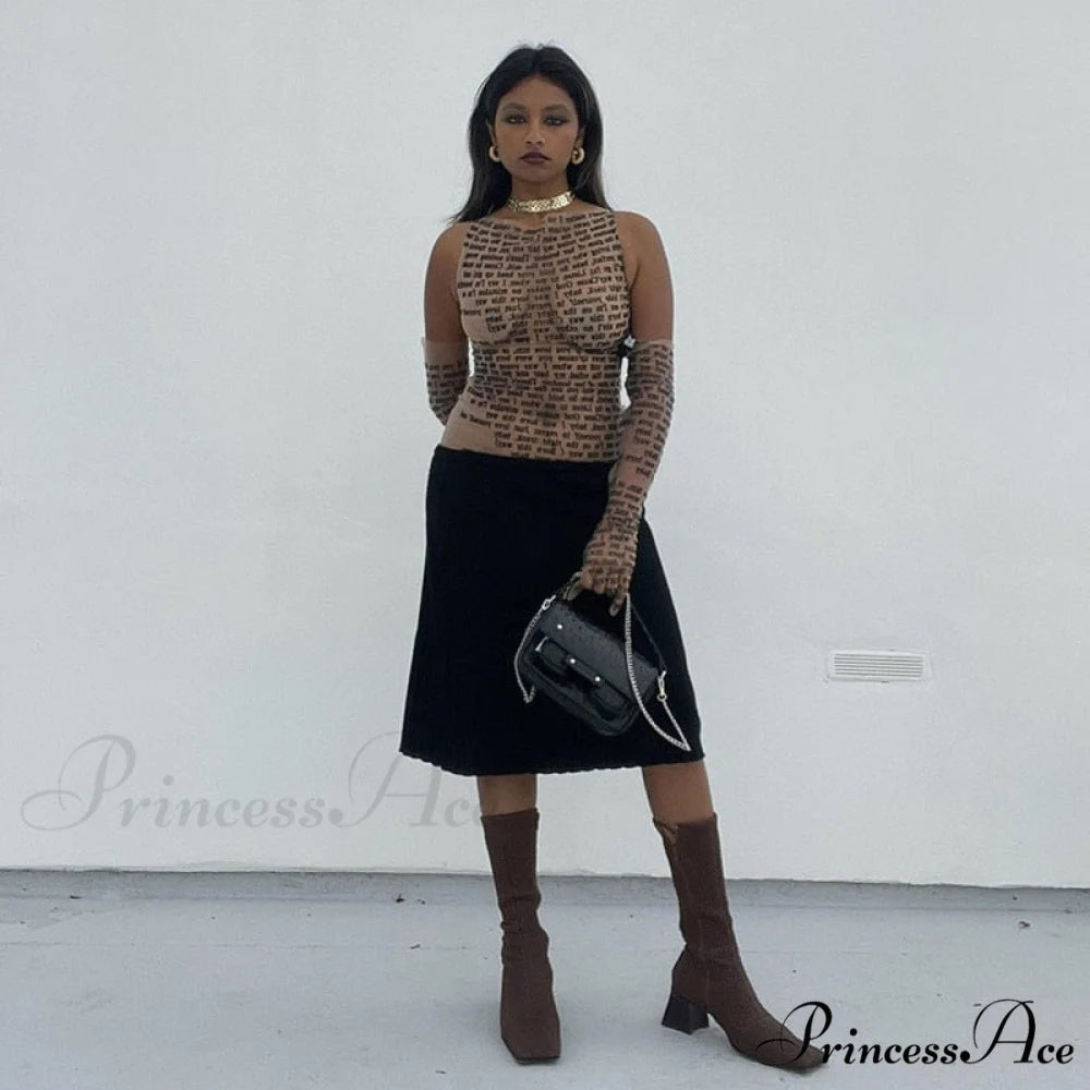 Mesh Letter Print Charming Sleeveless Top With Gloves