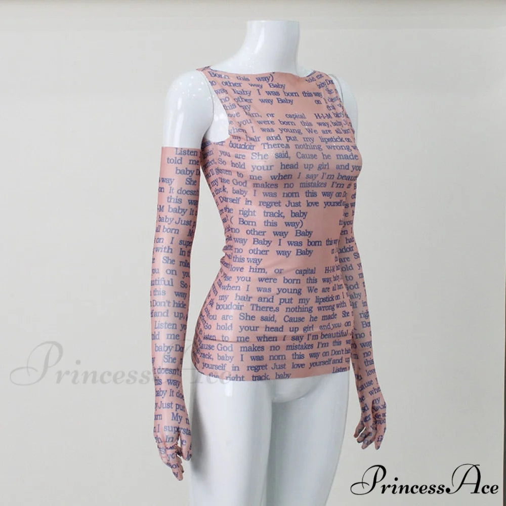 Mesh Letter Print Charming Sleeveless Top With Gloves
