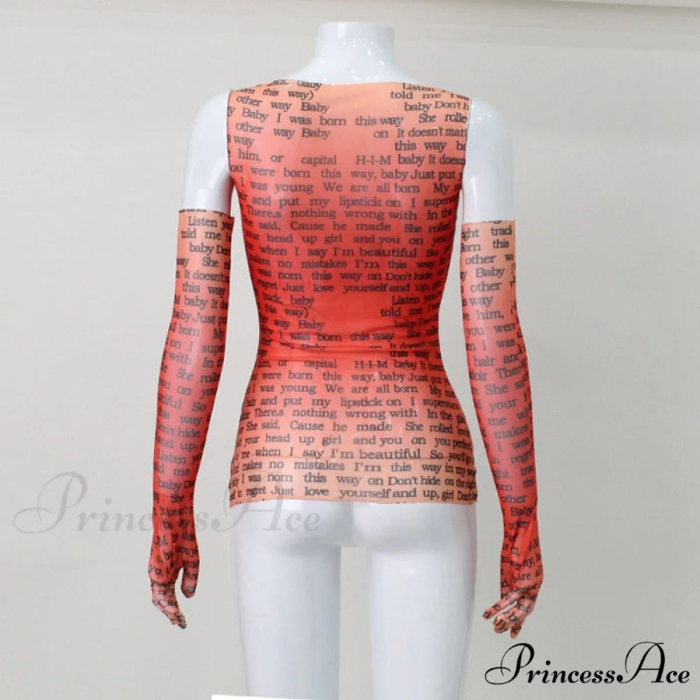 Mesh Letter Print Charming Sleeveless Top With Gloves