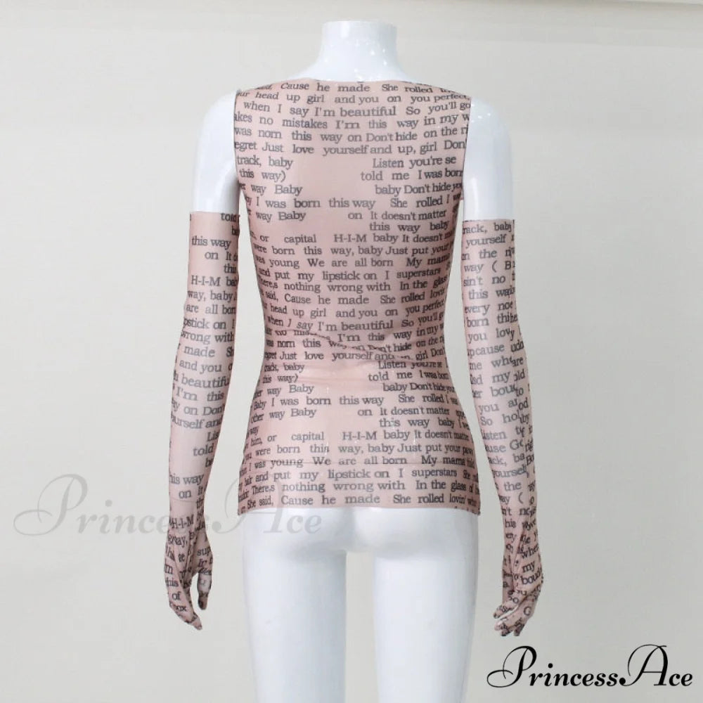 Mesh Letter Print Charming Sleeveless Top With Gloves