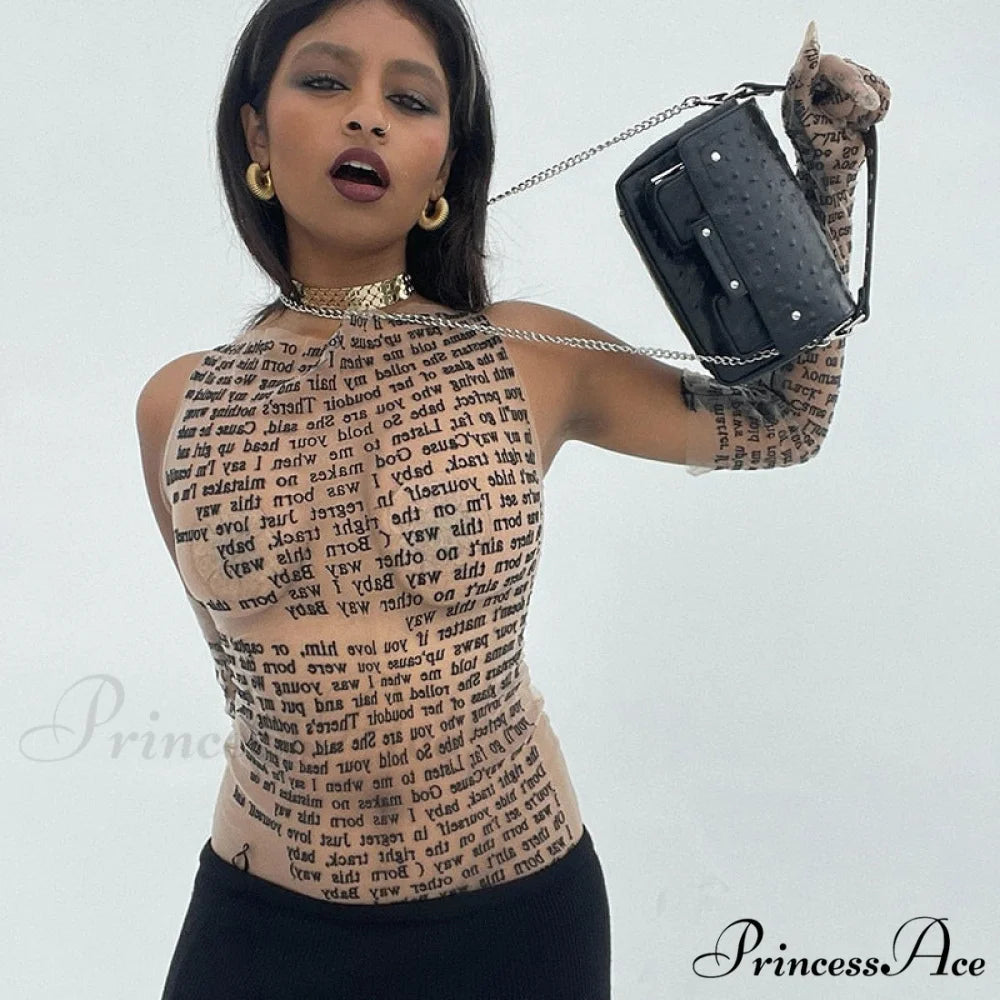 Mesh Letter Print Charming Sleeveless Top With Gloves