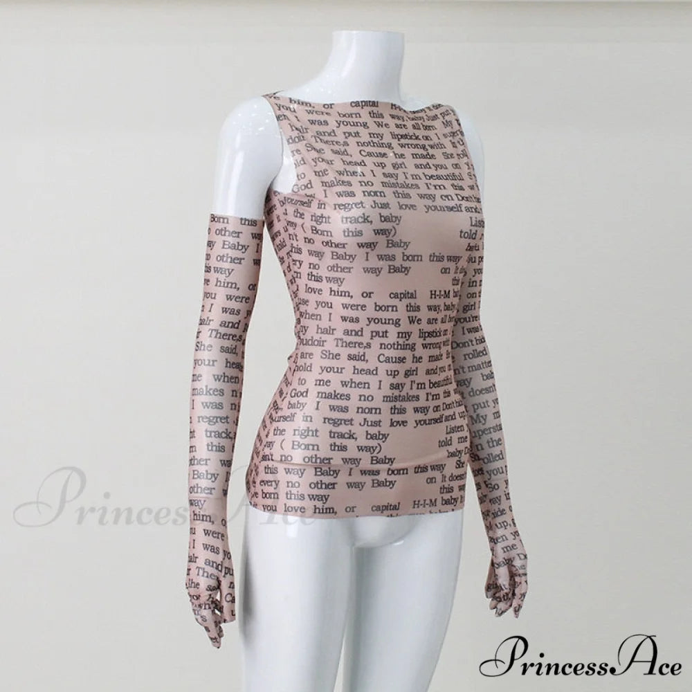 Mesh Letter Print Charming Sleeveless Top With Gloves
