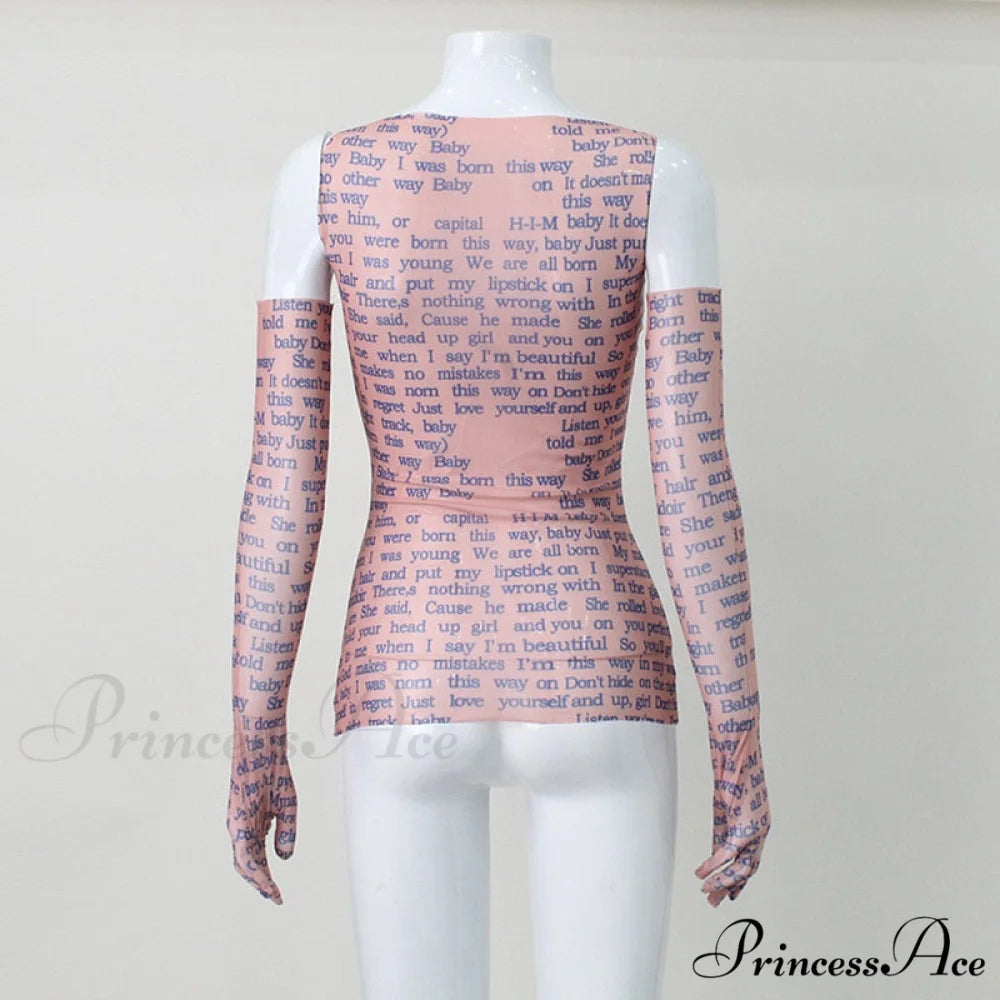 Mesh Letter Print Charming Sleeveless Top With Gloves
