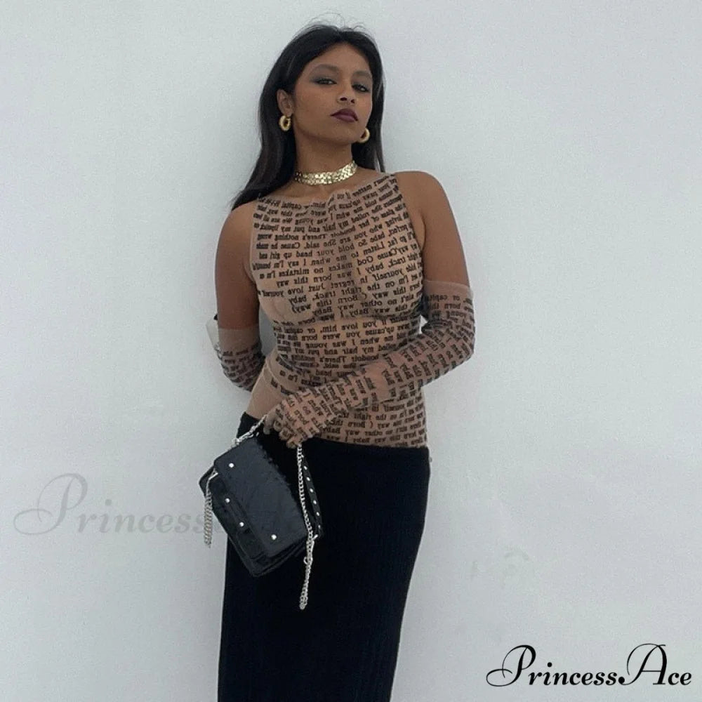 Mesh Letter Print Charming Sleeveless Top With Gloves