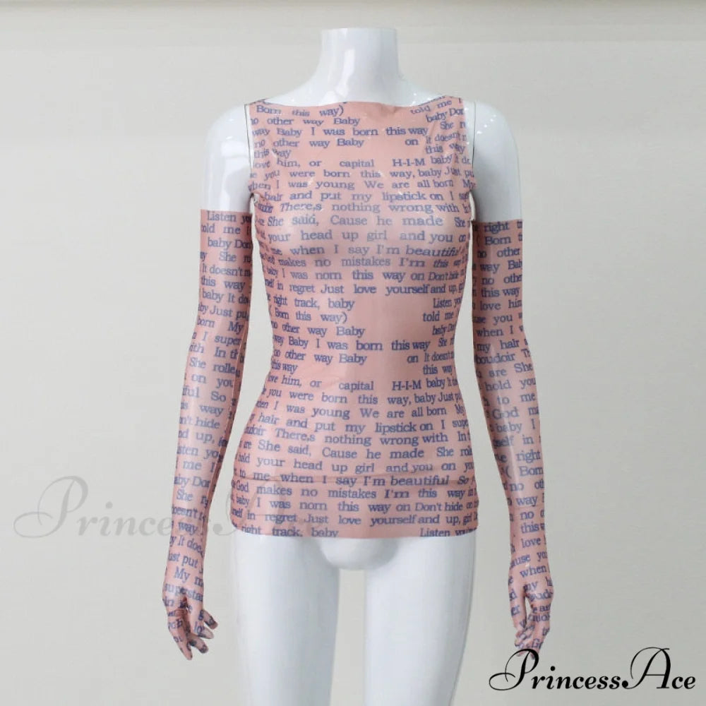 Mesh Letter Print Charming Sleeveless Top With Gloves Pink / S