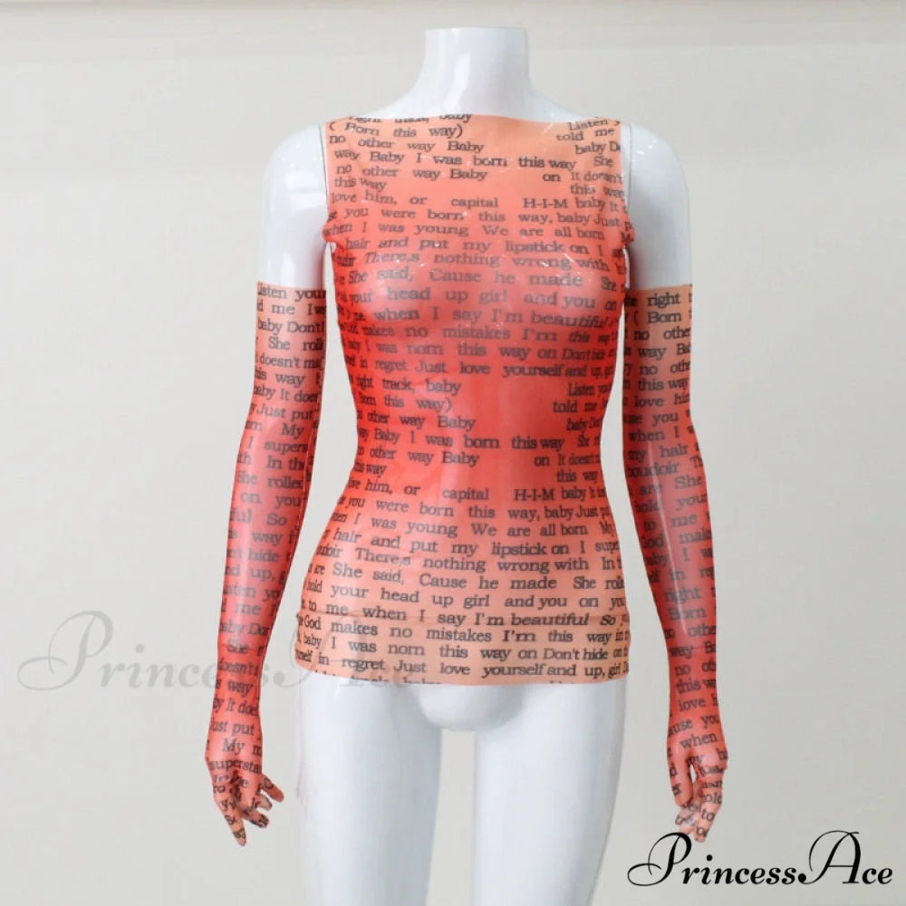 Mesh Letter Print Charming Sleeveless Top With Gloves Red / S