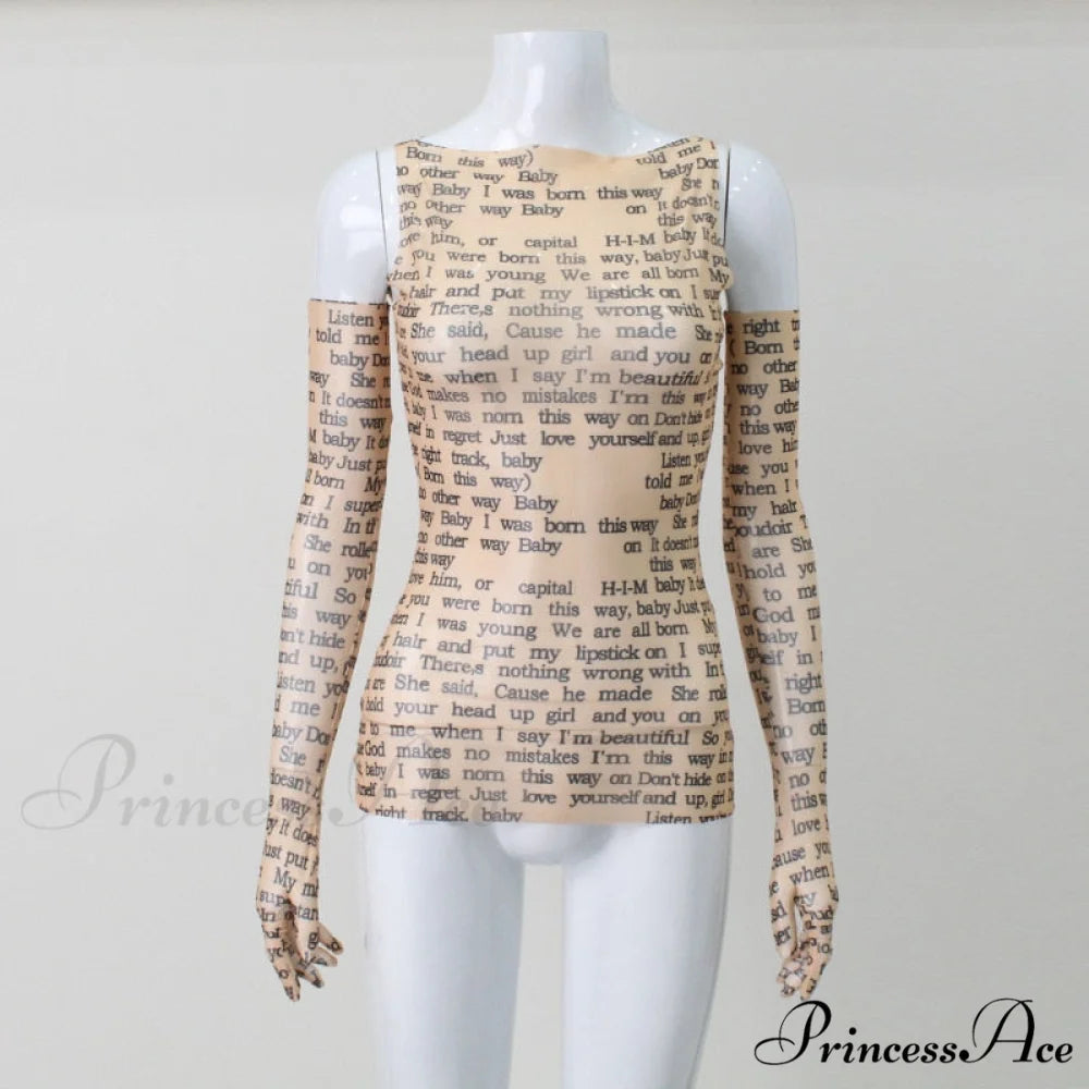 Mesh Letter Print Charming Sleeveless Top With Gloves Yellow / S