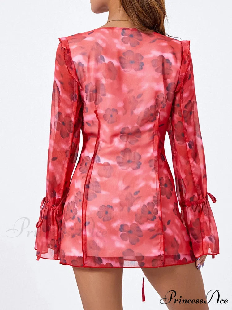 Mesh Mini Dress Sophisticated Flare Long Sleeve Split Hem Floral Dress floraldress-250126