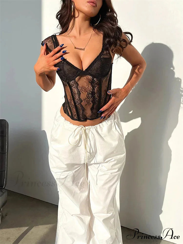 Mesh Net Sleeveless V-neck Crop Top croptop-250126