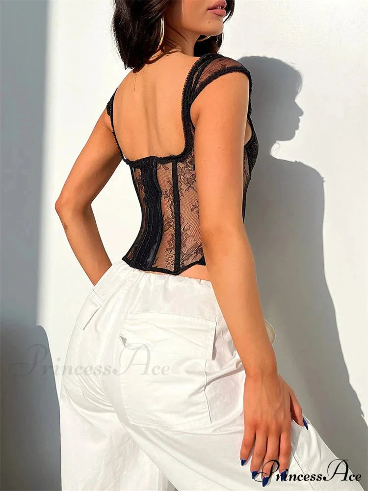 Mesh Net Sleeveless V-neck Crop Top croptop-250126