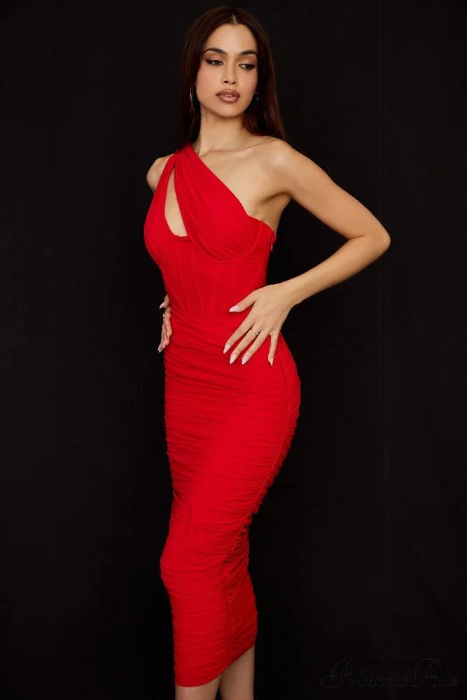 Mesh One Midi Elegant Bodycon Warm-Season Shoulder Dress lined fishbone dress-02 / XS