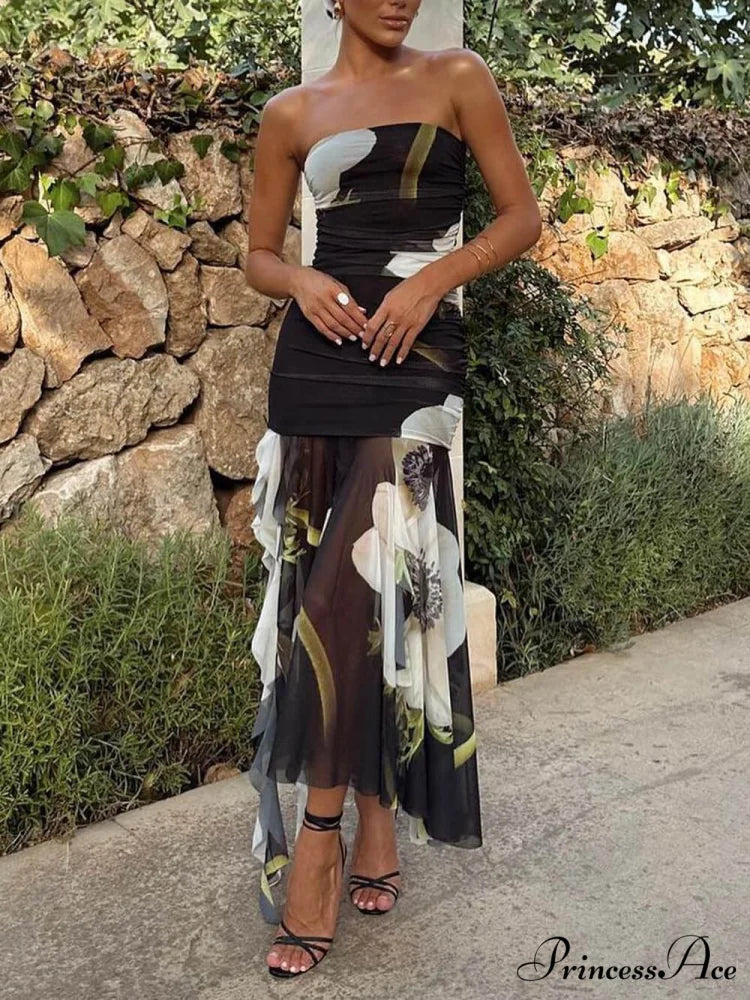 Mesh Overlay Floral Print Off Trendy Shoulder Ruched Ruffles Stretch Midi Dress Black / S