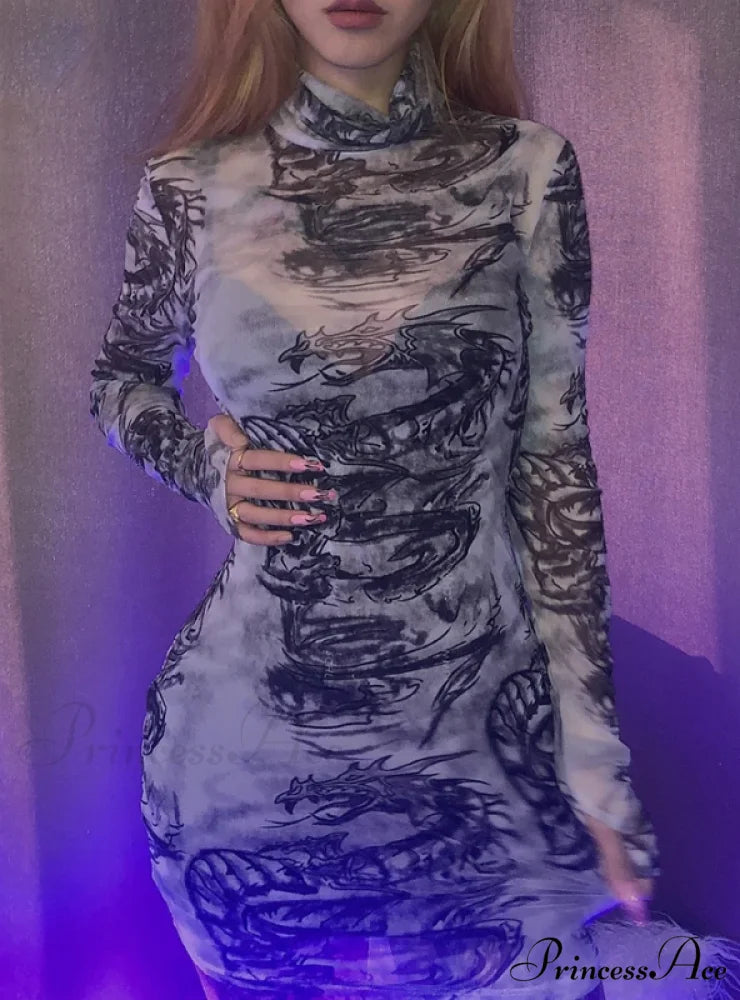 MESH PRINT SLIM SKINNY DRESS