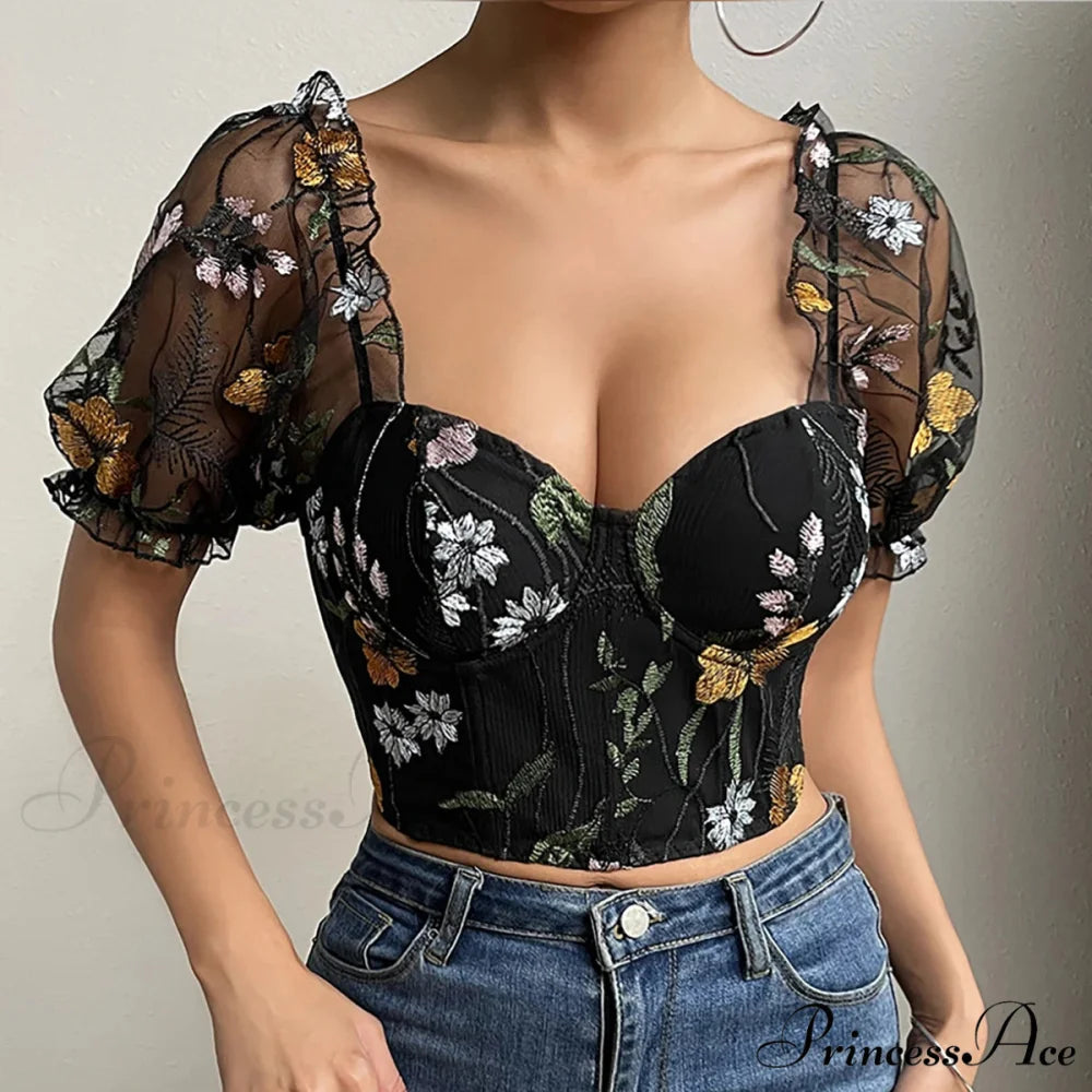 Mesh Puff Sleeve Fishbone Corset Top Black / XS croptop-250126