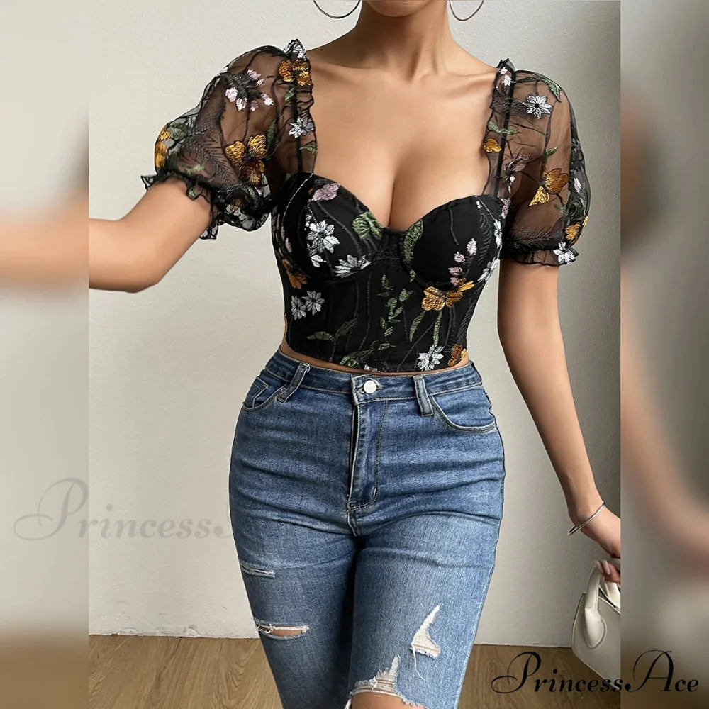 Mesh Puff Sleeve Fishbone Corset Top croptop-250126