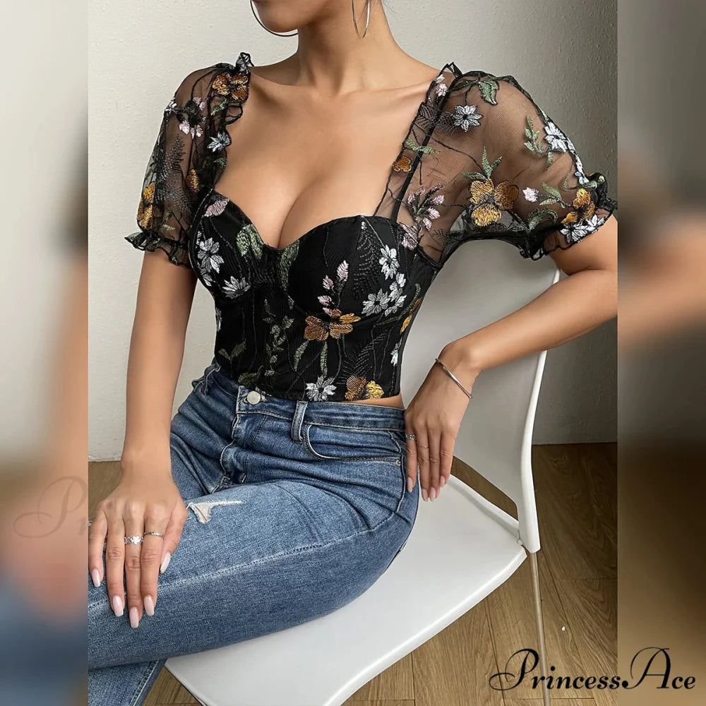 Mesh Puff Sleeve Fishbone Corset Top croptop-250126