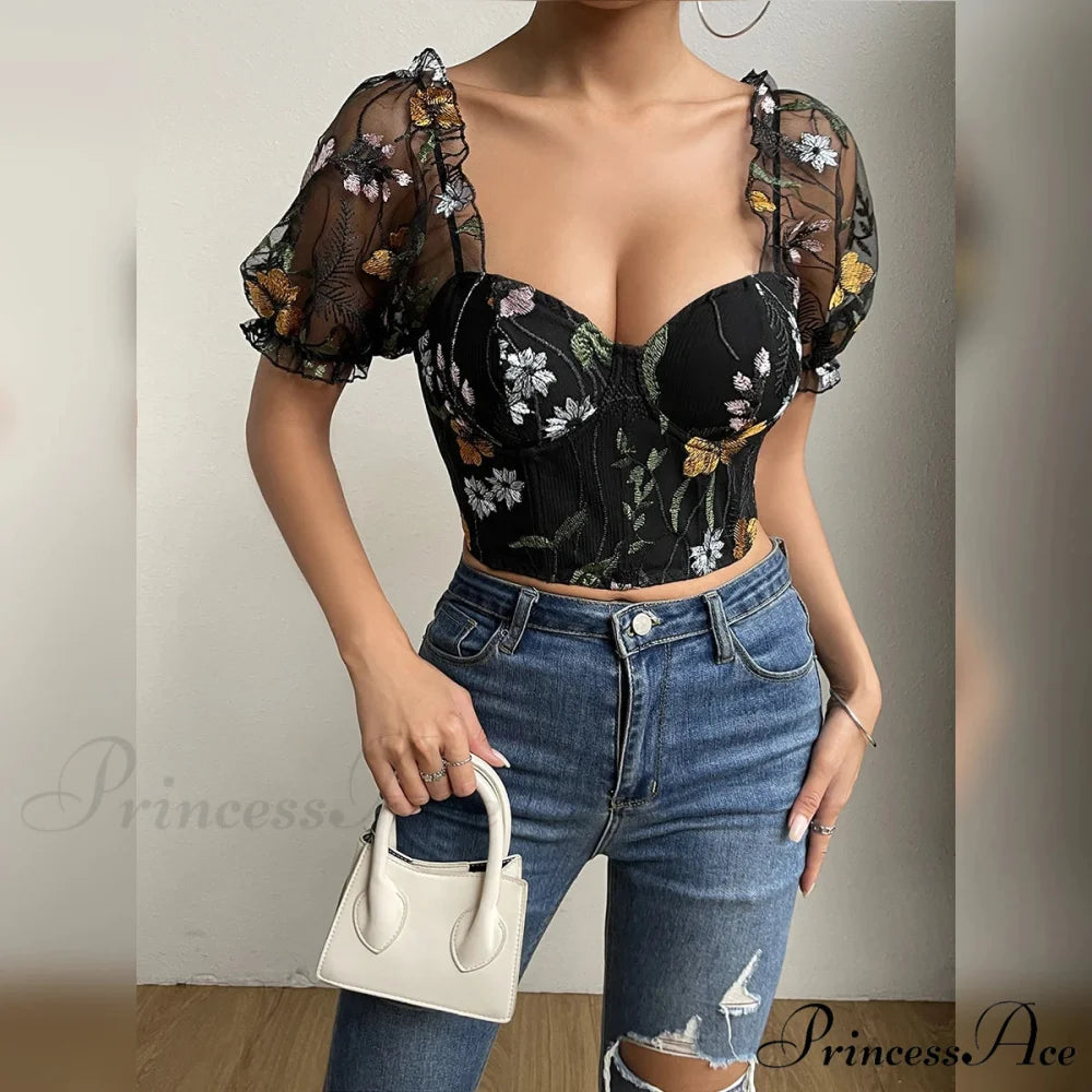 Mesh Puff Sleeve Fishbone Corset Top croptop-250126