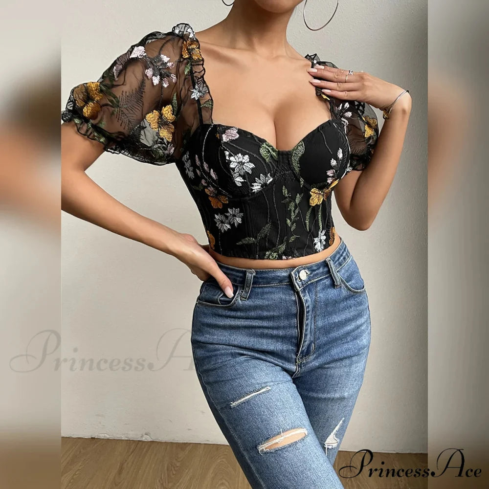 Mesh Puff Sleeve Fishbone Corset Top croptop-250126