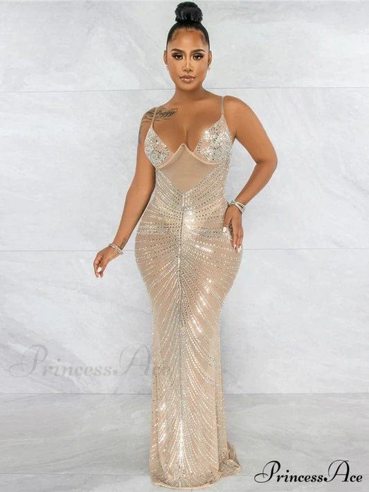 Mesh Rhinestone Maxi Party Dress Apricot / S