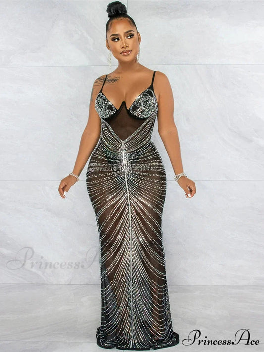 Mesh Rhinestone Maxi Party Dress Black / S