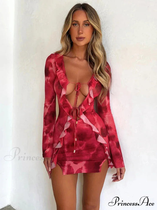 Mesh Ruffle Bodycon Bandage Long Sleeve Mini Dress