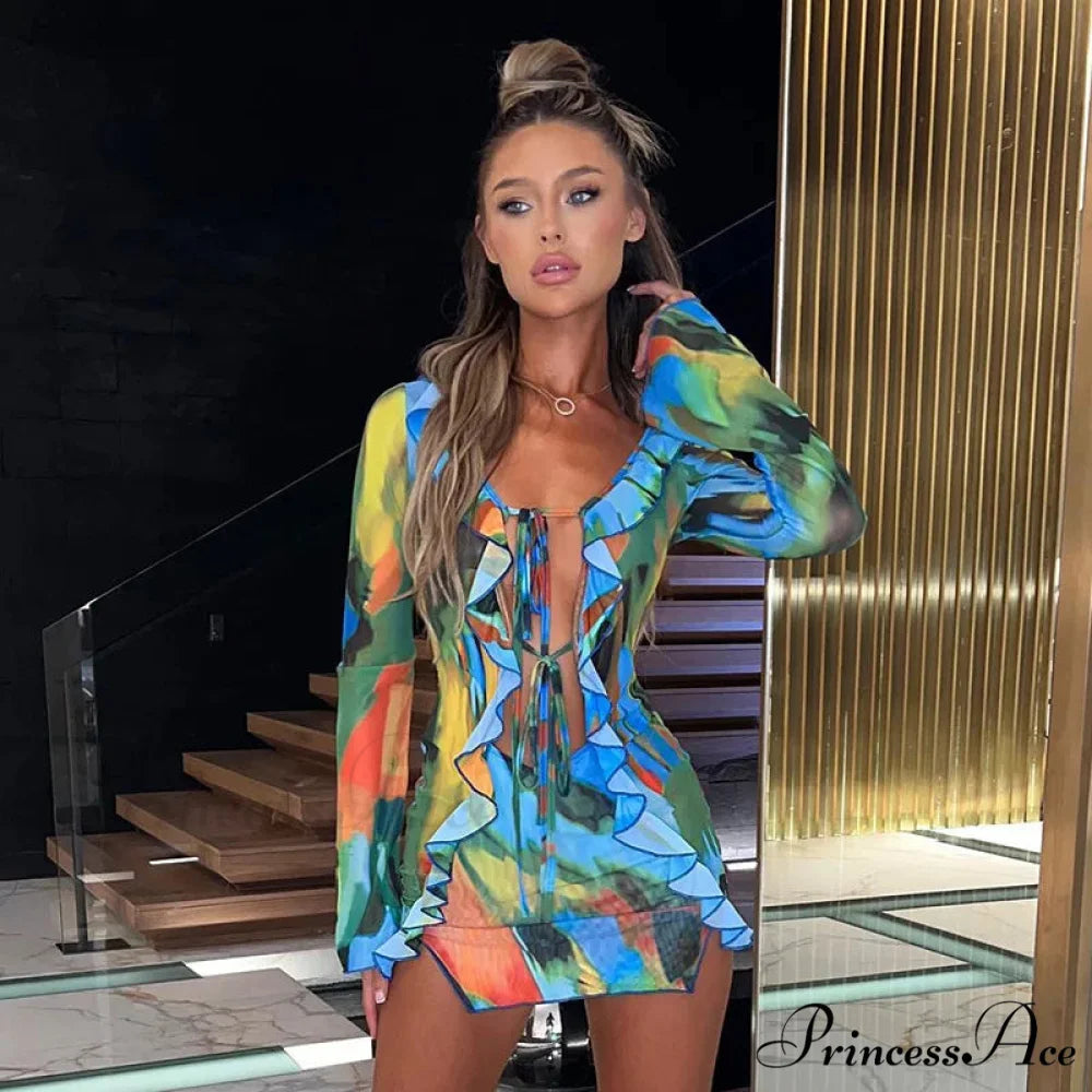 Mesh Ruffle Bodycon Bandage Long Sleeve Mini Dress BLUE / S