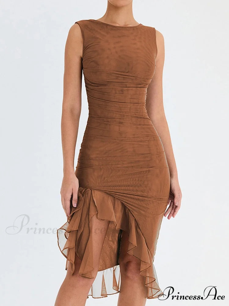 Mesh Ruffle Stylish Sleeveless Midi Dress Brown / S