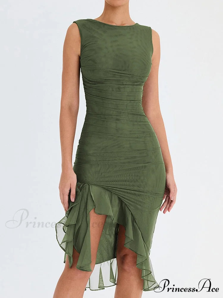 Mesh Ruffle Stylish Sleeveless Midi Dress Green / S