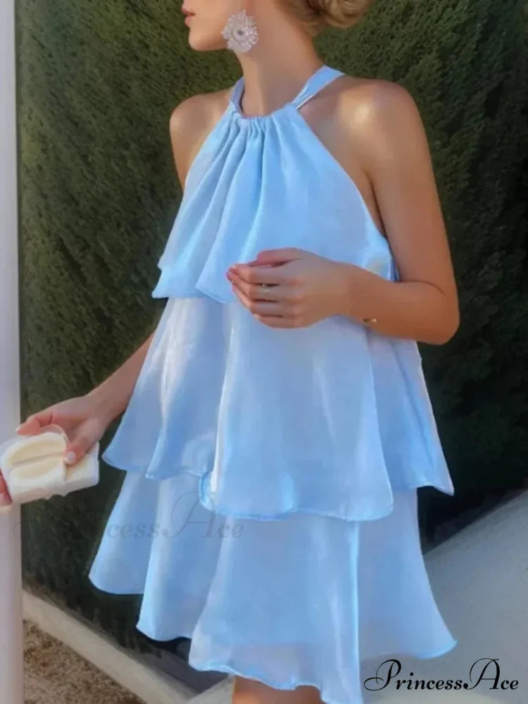Mesh Ruffled Stylish Halter Mini Dress