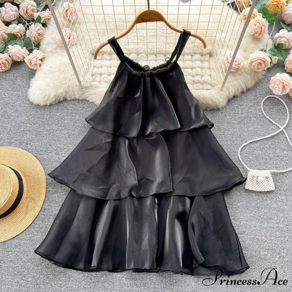 Mesh Ruffled Stylish Halter Mini Dress Black / L