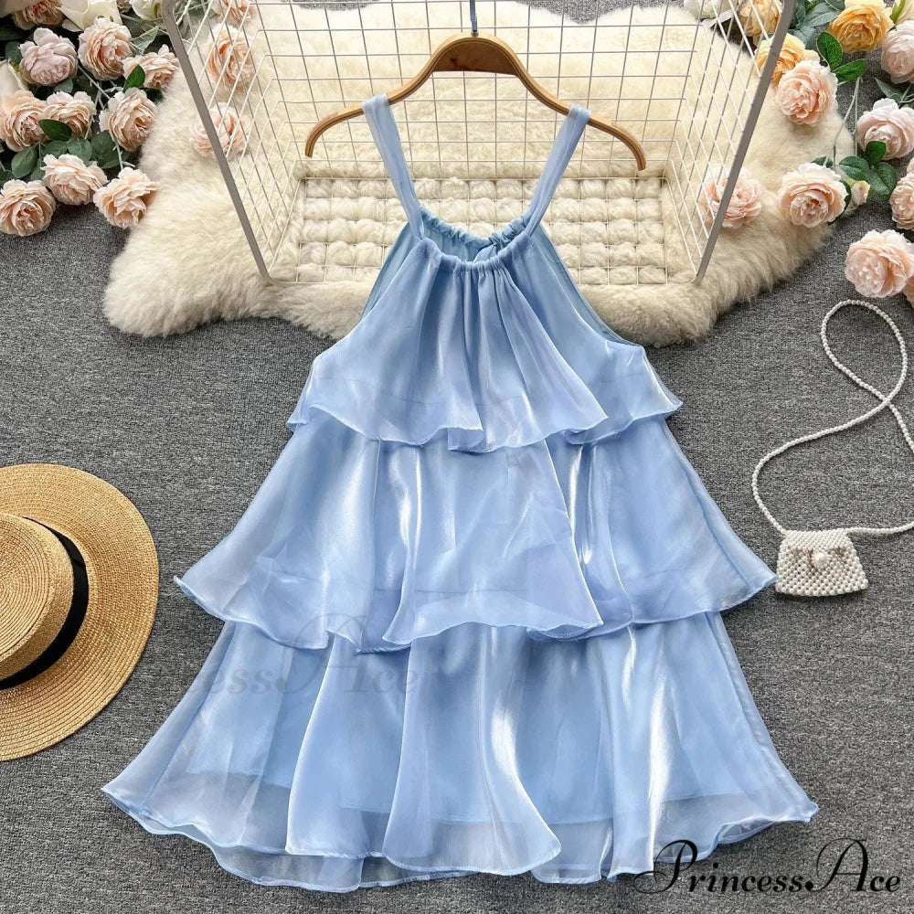 Mesh Ruffled Stylish Halter Mini Dress Blue / L