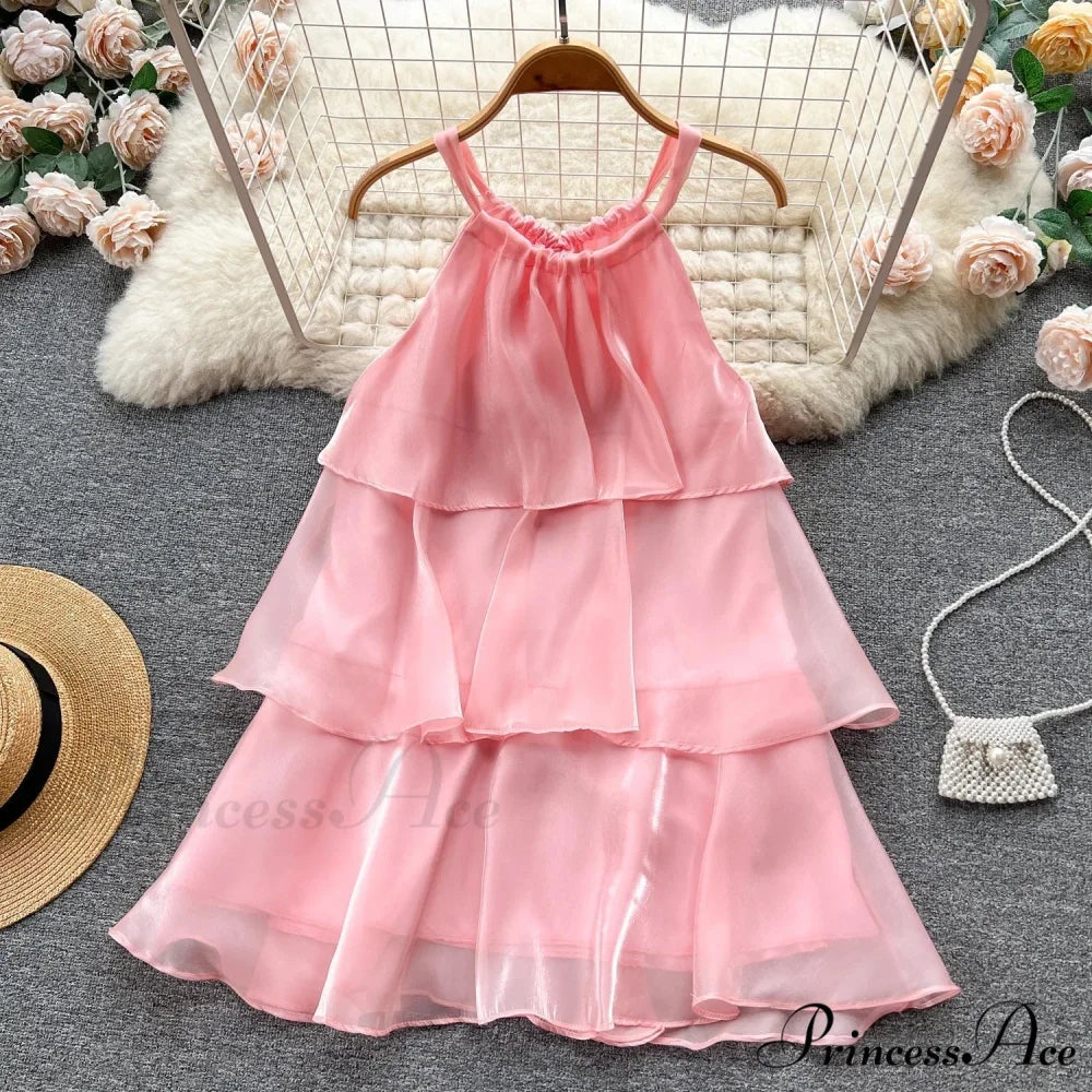 Mesh Ruffled Stylish Halter Mini Dress Pink / L